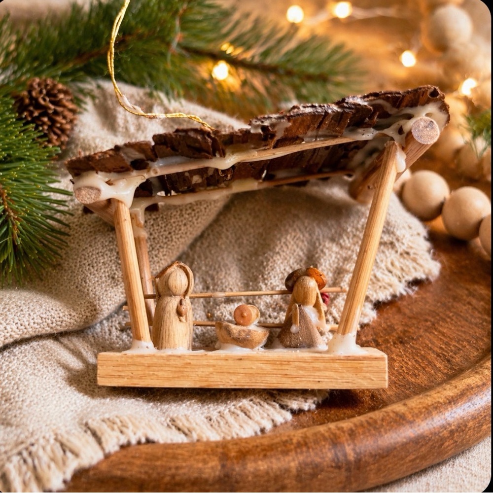 Vintage Handmade Wood Nativity Ornament Rustic Folk Art Mini Creche